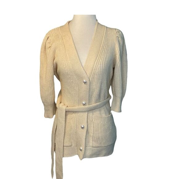 Adam Lippes Belted Embellished Ribbed Ivory Cardigan Sweater XS - Picture 2 of 11
